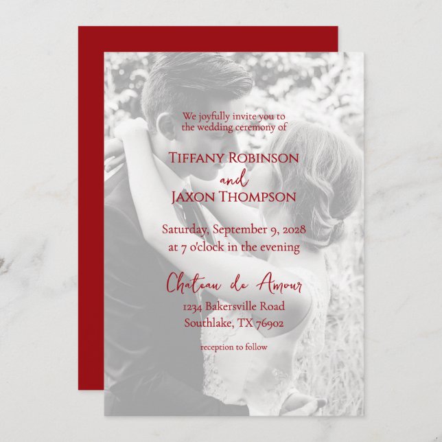 Invitación Photo Overlay Lovely Red Text Minimalist Wedding (Anverso / Reverso)