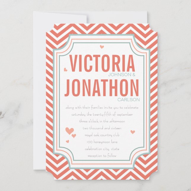 Invitación Photo Peach and Mint Zig Zag Typography Wedding (Anverso)