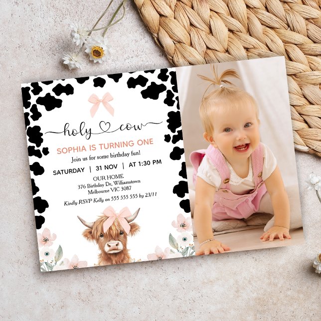 Invitación Photo Pink Black Bow Holy Cow Birthday (Girls Holy Cow Birthday Invitation, Holy Cow Invitation, Highland Cow Birthday Invitation, Cow Theme)