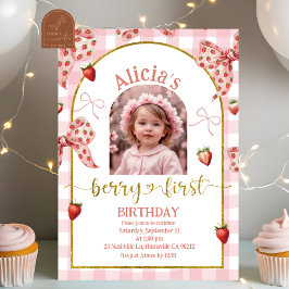 Invitación Photo Pink Bow Strawberry Berry Sweet 1st Birthday