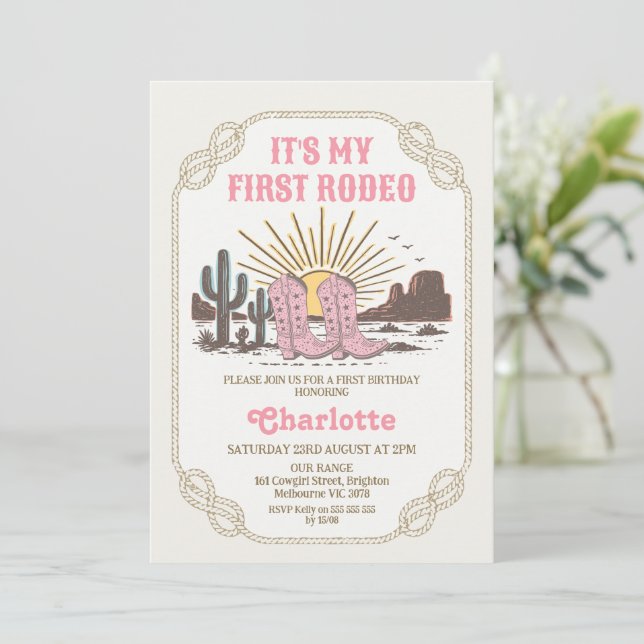 Invitación Photo Pink Cowgirl Its My First Rodeo 1st Birthday (Anverso de pie)