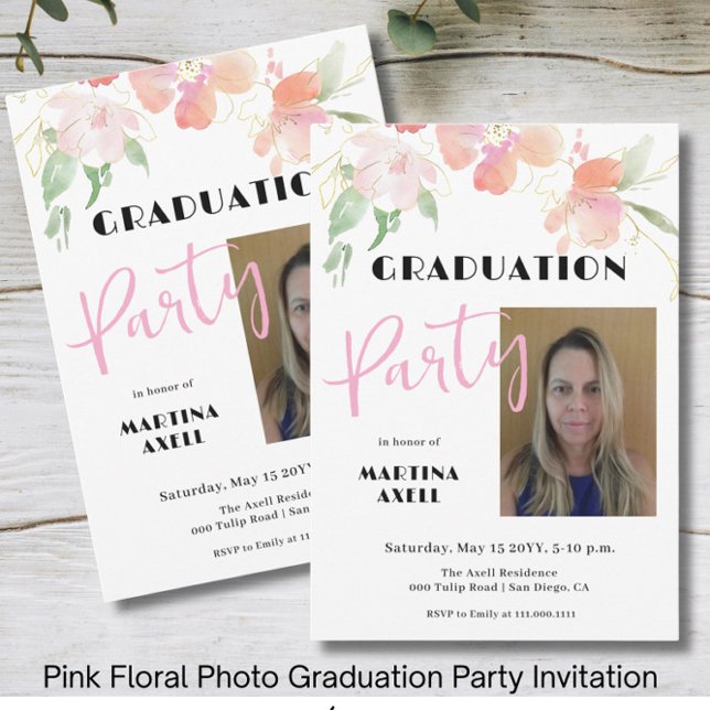 Invitación Photo Pink Floral Graduation Party Invitation (Subido por el creador)