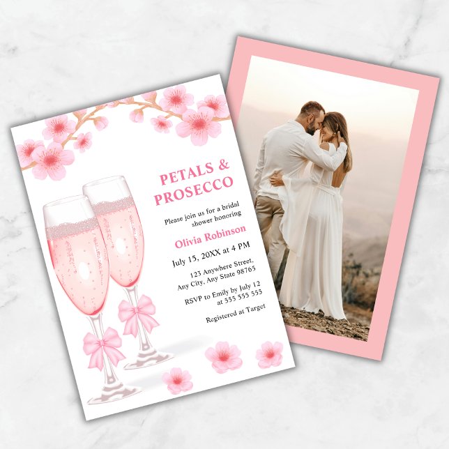 Invitación Photo Pink Floral Petals & Prosecco Bridal Shower (Photo Pink Bow Floral Petals & Prosecco Bridal Shower Invitation )