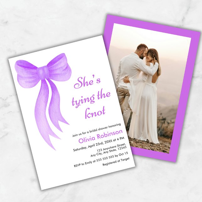 Invitación Photo Purple Bow Shes Tying the Knot Bridal Shower (Photo Purple Bow Shes Tying the Knot Bridal Shower Invitation )