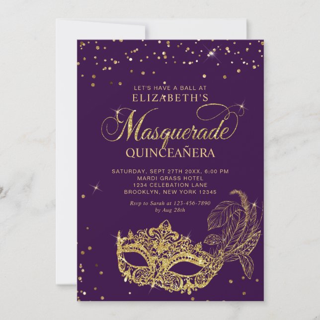 Invitación Photo Purple Gold Glitter Masquerade Quinceañera (Anverso)