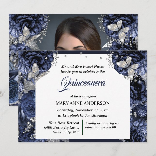 Invitación PHOTO purpurina mariposa elegante de plata azul re (Anverso / Reverso)