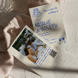 Invitación Photo QR Code Hand Drawn Blue Cake Bows Wedding