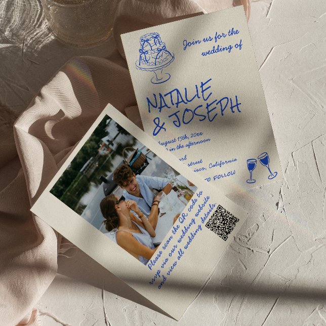 Invitación Photo QR Code Hand Drawn Blue Cake Bows Wedding  (Subido por el creador)