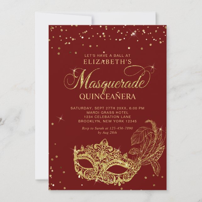 Invitación Photo Red Gold Glitter Masquerade Quinceañera (Anverso)