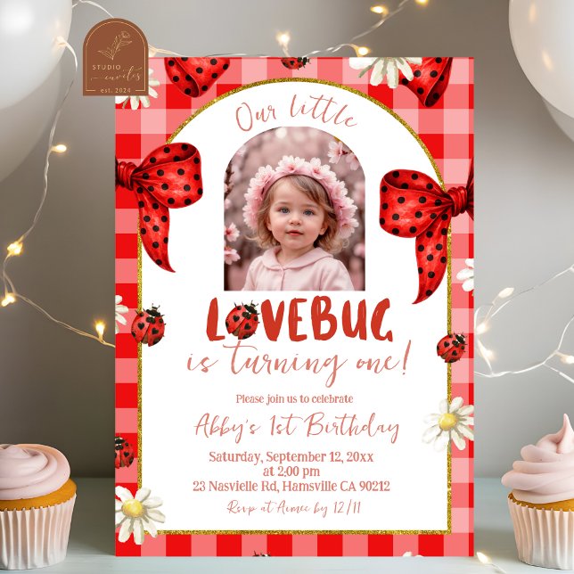 Invitación Photo Red Plaid Bow Coquette Lovebug Birthday (Subido por el creador)