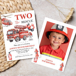 Invitación Photo Red Two The Rescue Fire Truck Birthday