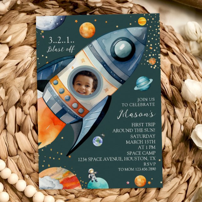Invitación Photo Rocket First Trip Around the Sun Space B-day (Subido por el creador)