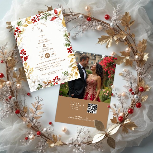 Invitación Photo Romantic Winter Nature Frame Wedding (Romantic Winter Nature Frame Wedding Invitation Cards with Photo on Back and Modern QR Code. )