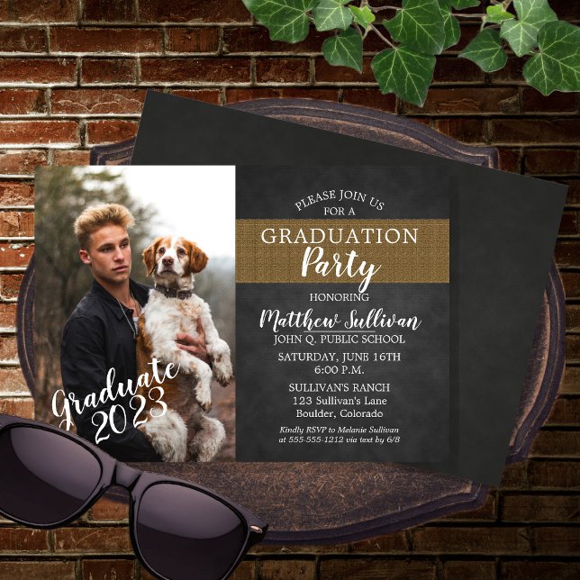 Invitación Photo Rugged Charcoal | Burlap Graduation Party (Subido por el creador)