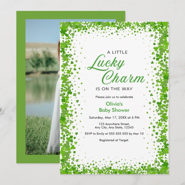 Invitación Photo Shamrock A Little Lucky Charm Baby Shower  (Anverso / Reverso)
