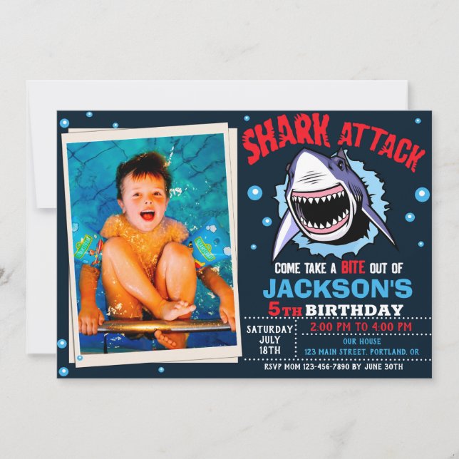 Invitación Photo Shark Birthday Invitation Shark Attack party (Anverso)
