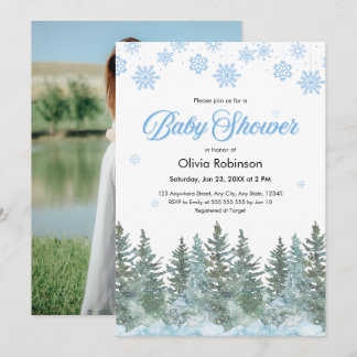 Invitación Photo Snowflakes Pine Trees Winter Baby Shower