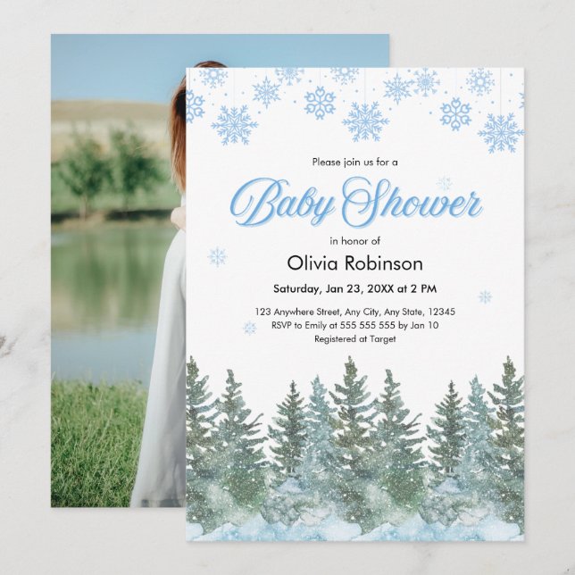 Invitación Photo Snowflakes Pine Trees Winter Baby Shower (Anverso / Reverso)