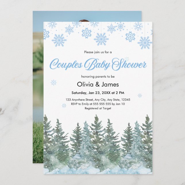 Invitación Photo Snowflakes Pine Winter Couples Baby Shower  (Anverso / Reverso)