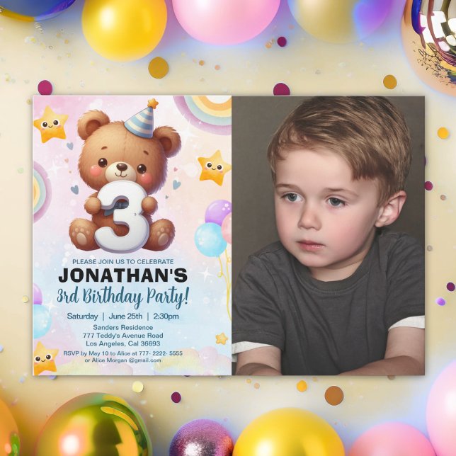 Invitación Photo Teddy Bear Birthday 3rd for Boys (Subido por el creador)