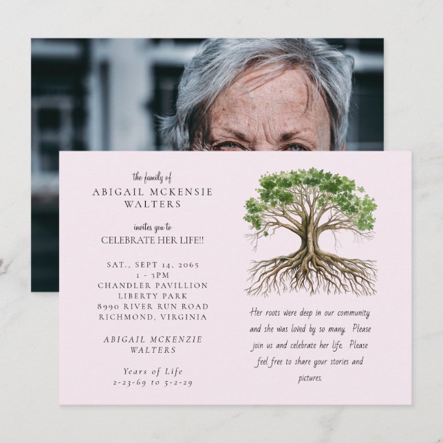 Invitación Photo Tree Deep Roots Pink Celebration of LIfe (Anverso / Reverso)