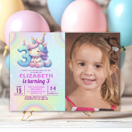 Invitación Photo Unicorn 3rd Birthday – Rainbow Girl party