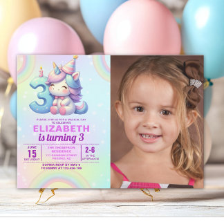 Invitación Photo Unicorn 3rd Birthday – Rainbow Girl party