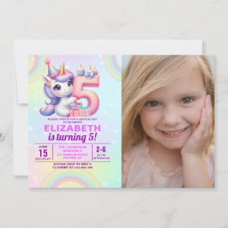 Invitación Photo Unicorn 5th Birthday – Rainbow Girl party