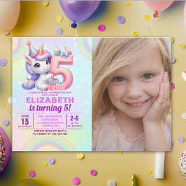 Invitación Photo Unicorn 5th Birthday – Rainbow Girl party