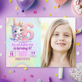 Invitación Photo Unicorn 6th Birthday – Rainbow Girl party