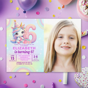 Invitación Photo Unicorn 6th Birthday – Rainbow Girl party