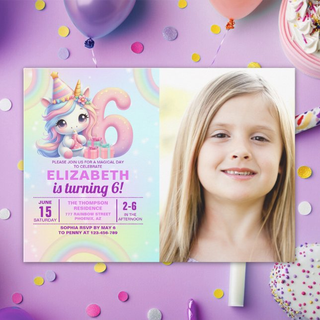 Invitación Photo Unicorn 6th Birthday – Rainbow Girl party (Subido por el creador)