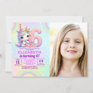 Invitación Photo Unicorn 6th Birthday – Rainbow Girl party