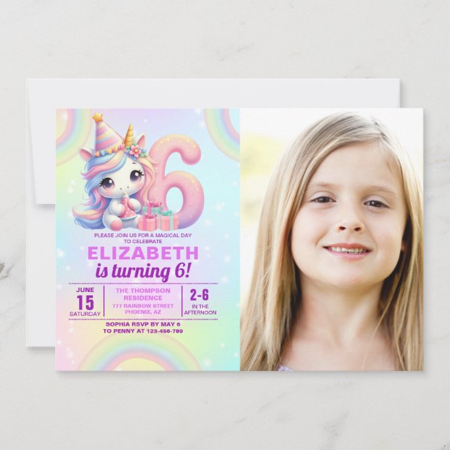 Invitación Photo Unicorn 6th Birthday – Rainbow Girl party (Anverso)