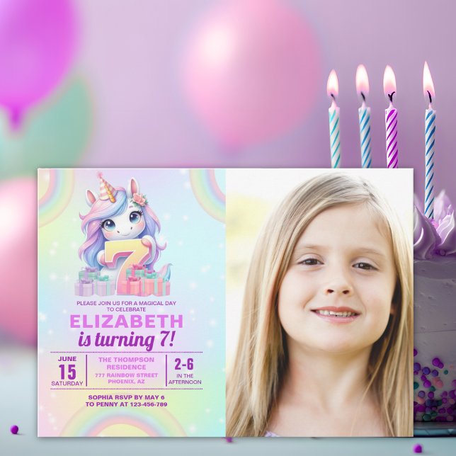 Invitación Photo Unicorn 7th Birthday – Rainbow Girl  (Subido por el creador)