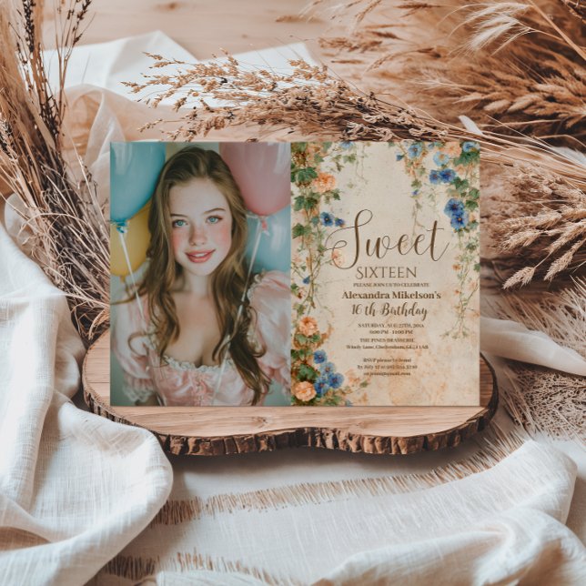 Invitación Photo Vintage Pastel Wildflower Sweet Sixteen (Subido por el creador)