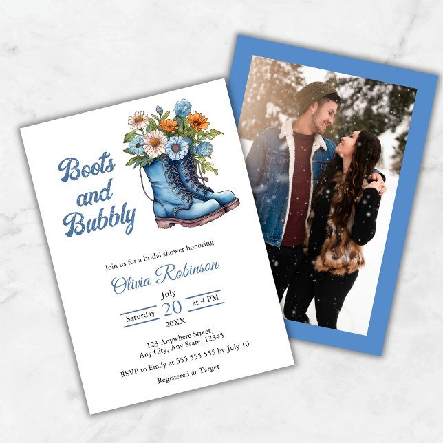 Invitación Photo Western Blue Boots & Bubbly Bridal Shower  (Photo Western Blue Boots & Bubbly Bridal Shower Invitation )