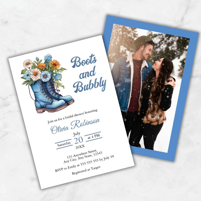 Invitación Photo Western Blue Boots & Bubbly Bridal Shower  (Photo Western Blue Boots & Bubbly Bridal Shower Invitation   )