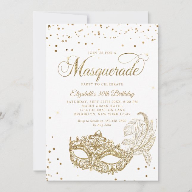 Invitación Photo White Gold Glitter Masquerade Birthday (Anverso)