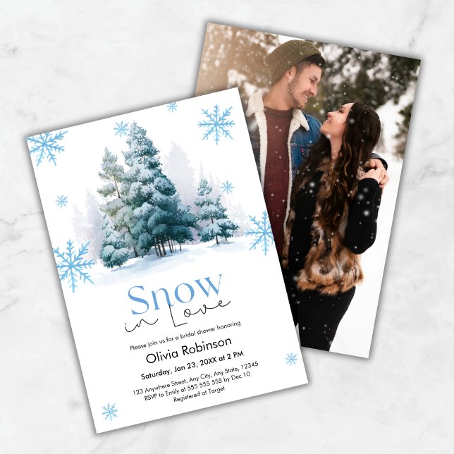 Invitación Photo Winter Snow in Love Snowflakes Bridal Shower (Photo Winter Pine Trees Snow in Love Snowflakes Bridal Shower Invitation  )