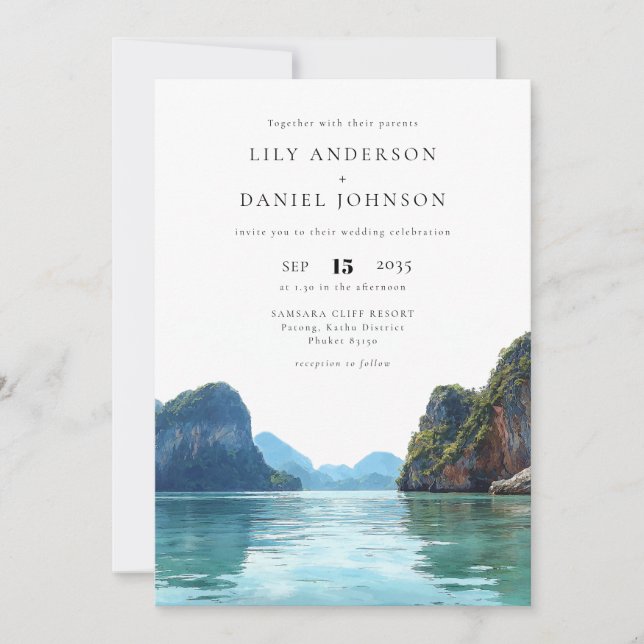 Invitación Phuket Thailand Watercolor QR Code Wedding (Anverso)