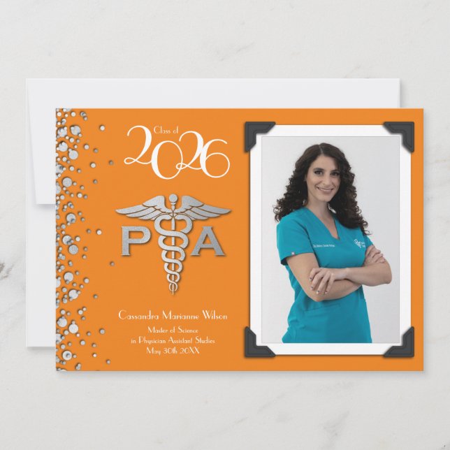 Invitación Physician Assistant PA Graduation Orange Silver (Anverso)