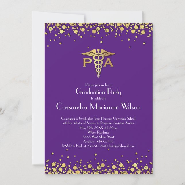Invitación Physician Assistant PA Graduation Purple Gold (Anverso)
