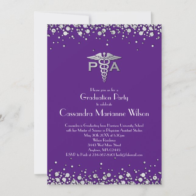 Invitación Physician Assistant PA Graduation Purple Silver (Anverso)