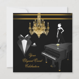 Invitación Piano de fiesta elegante candelabro dorado champán