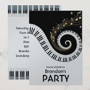 Invitación Piano Keys y Gold Music Notes Fiesta