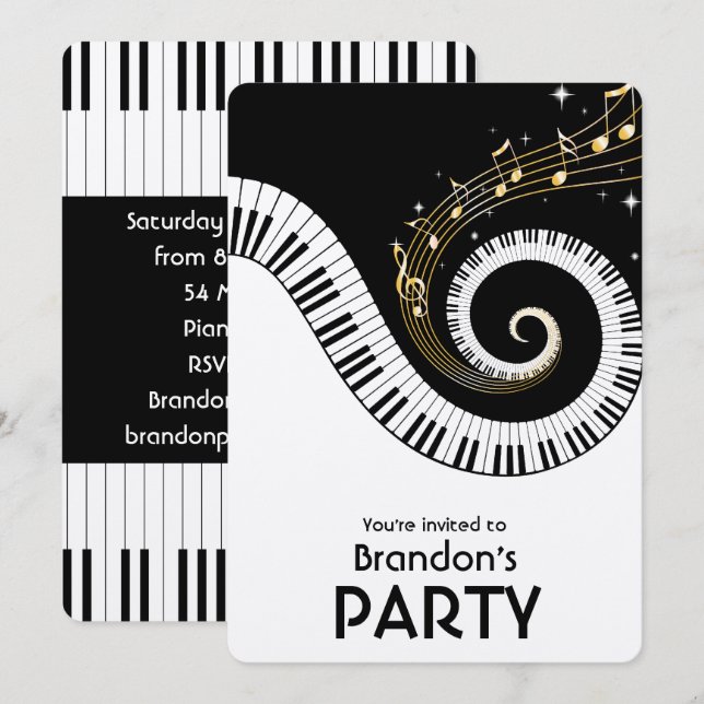 Invitación Piano Keys y Gold Music Notes Fiesta (Anverso / Reverso)