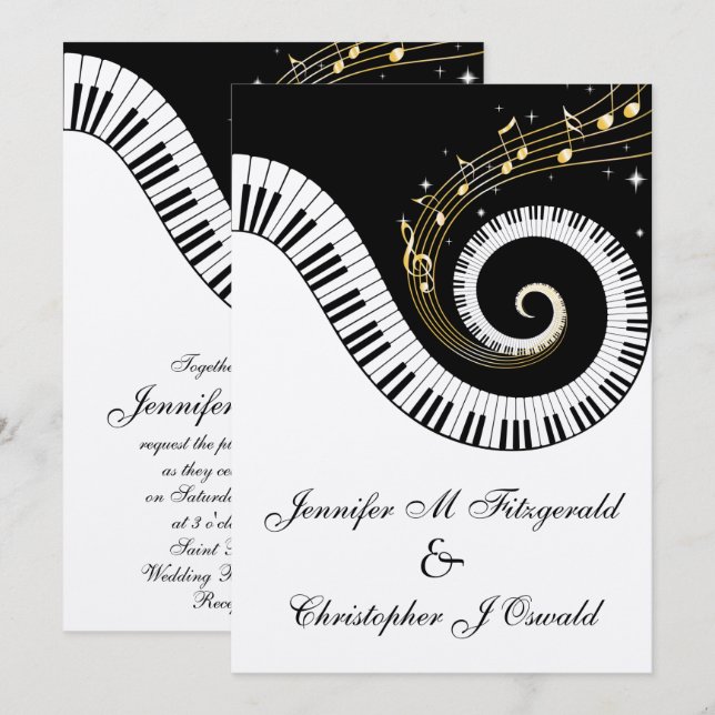 Invitación Piano Keys y Golden Musical Notes Boda (Anverso / Reverso)