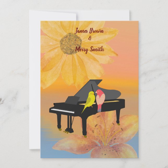 Invitación Piano Parrots Dreamy Flower Sunset Boda (Anverso)