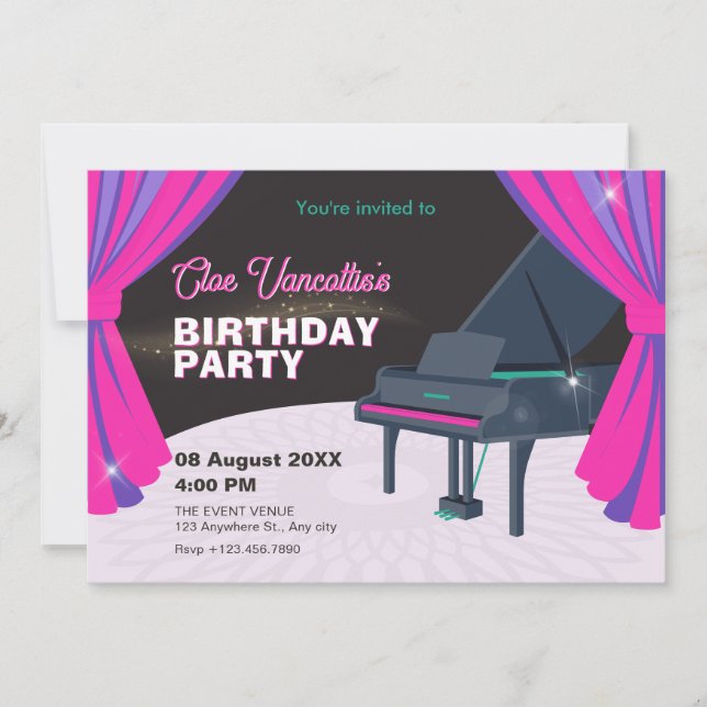 Invitación Piano púrpura rosa escenario Cumpleaños (Anverso)